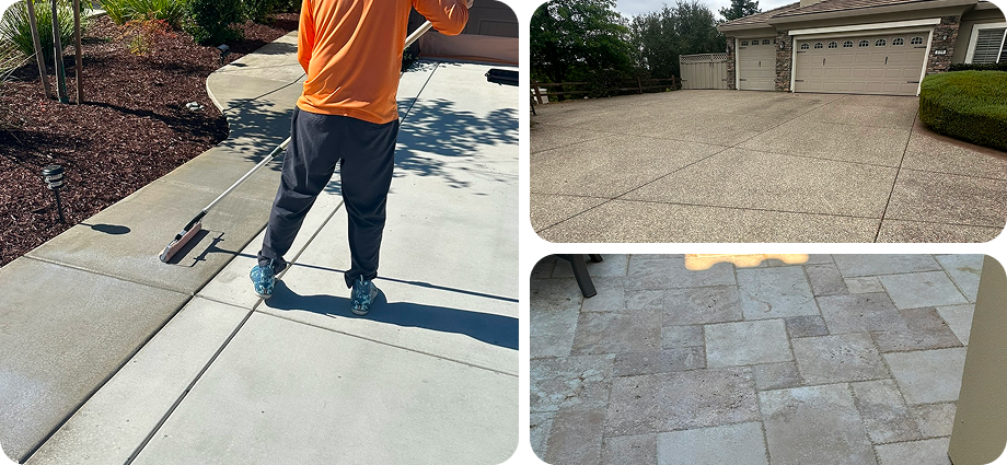 Driveway and walkway power washing project showing professional cleaning results on concrete and pavers