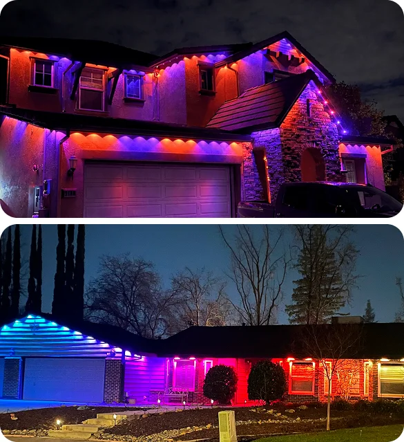 Before and after Christmas roofline lighting installation on residential homes at night