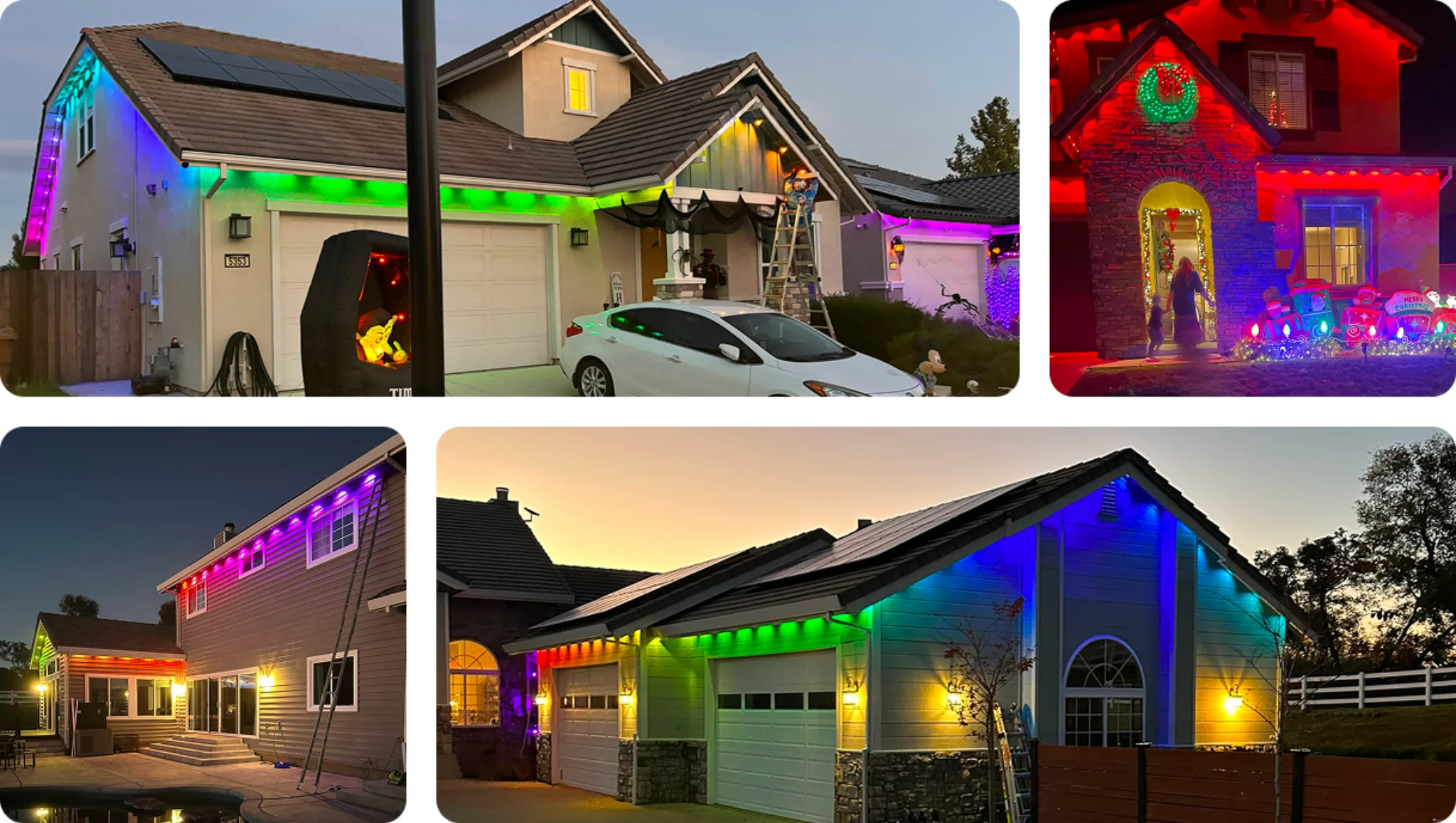 Christmas roofline lighting installation collage showing multiple residential homes with colorful exterior LED lights