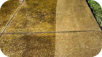 Before and after driveway pressure washing showing clean concrete surface