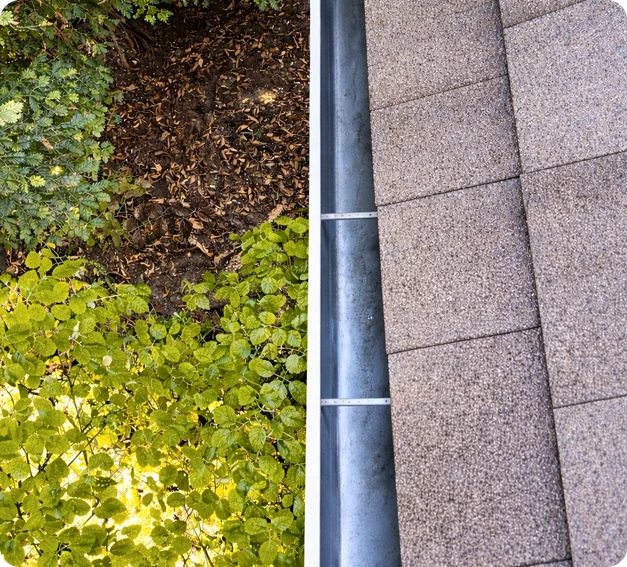 Before and after gutter cleaning comparison showing debris and clean gutter from roof view