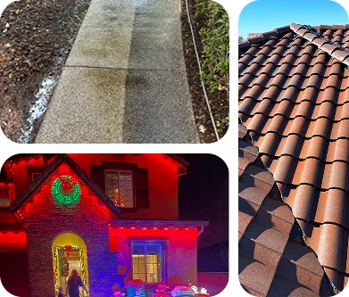 Home exterior cleaning collage showing walkway pressure washing, roof tiles, and holiday lighting