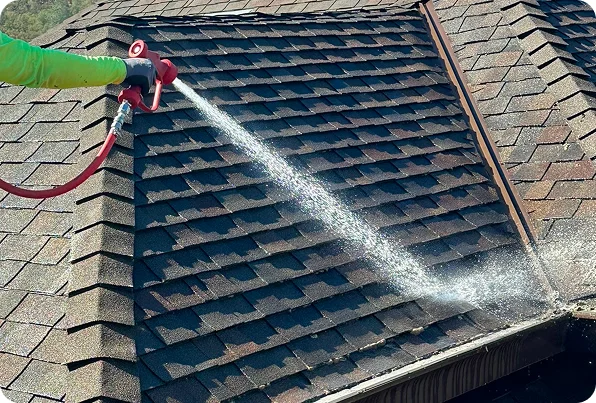 Roof soft wash cleaning process on asphalt shingles using low-pressure water spray