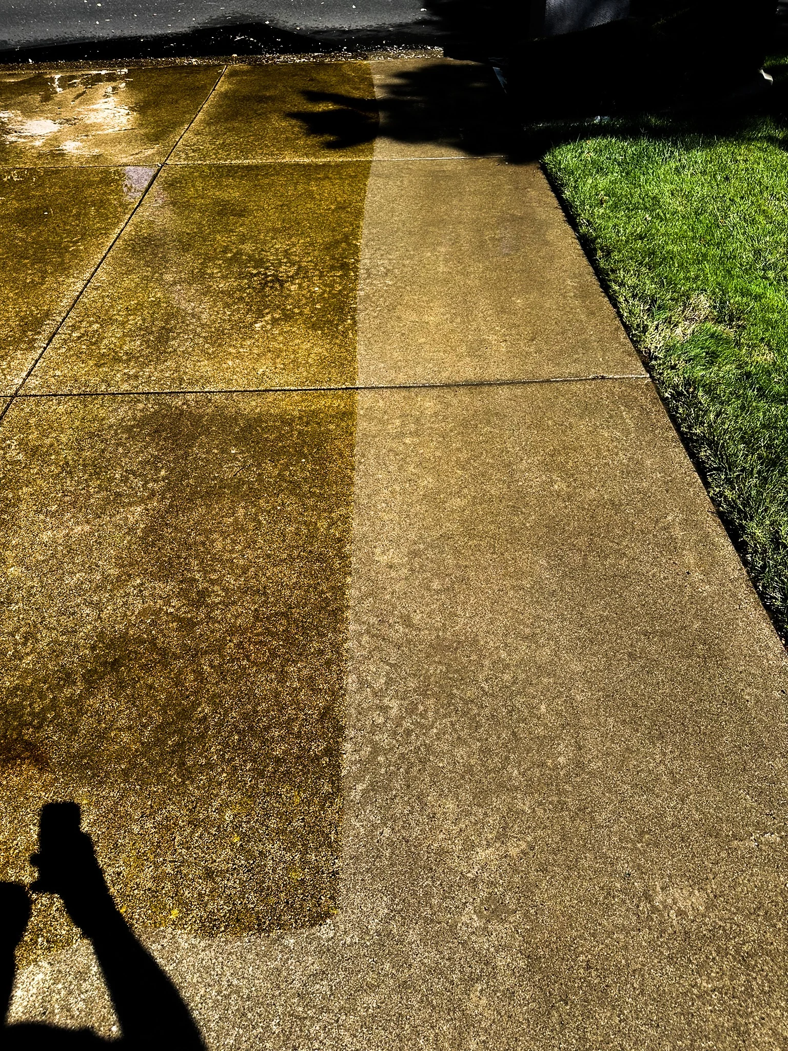 Before and after sidewalk power washing showing removal of slippery algae and surface buildup